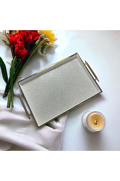 Doremcy Glitter Stone Tray, Silvery Luxury Tea Tray, Presentation Tray Glitter Tray