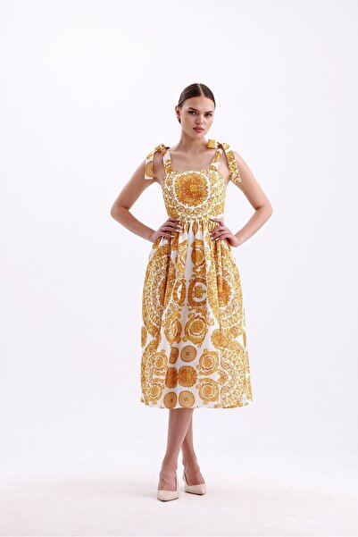 Tangül&Ali'S Moda Evi Sarı Keten Midi Elbise