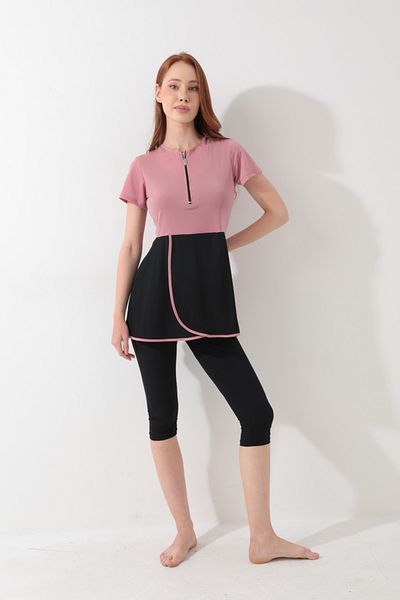 İKSUN Women's Bonnet Suit - Short Sleeve, Half Covered Hijab Swimsuit, Short Arm Swimsuit with Leggings