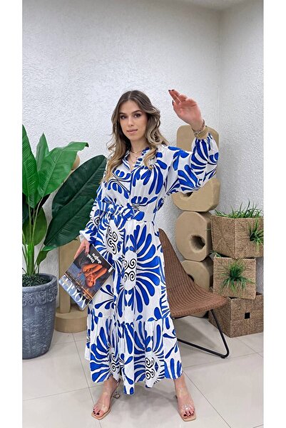 ZF BUTİK Довга сукня з візерунком та шнурівкою з V-подібним вирізом