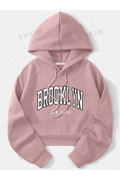 Keywest Hanorac crop cu glugă supradimensionat pentru copii cu imprimeu Brooklyn