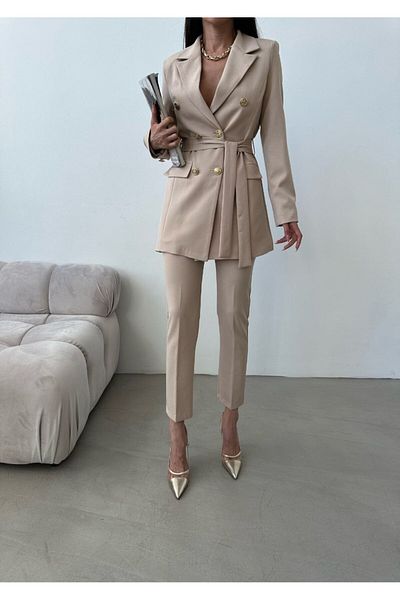 Moda İkra Double Fabric 87%Polyester%13Elastane Belted Jacket and Trousers Set - Button Detailed