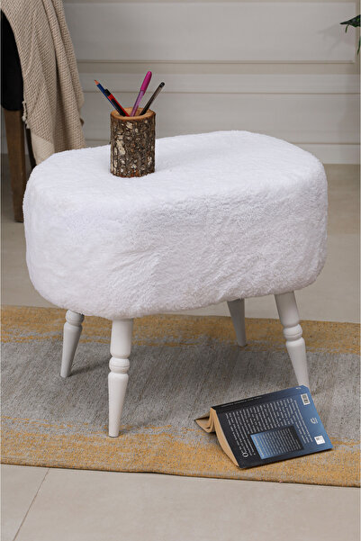 PUFMANYA DEFNE MİX BEYAZ PELUŞ DOĞAL BEYAZ GÜRGEN AYAKLI OVAL PUF KOLTUK BENCH