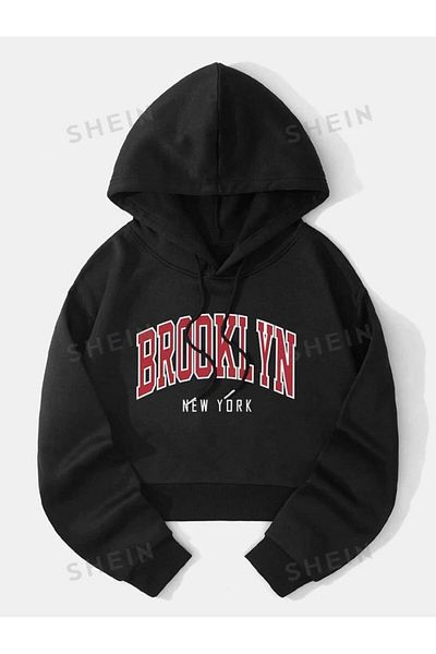 Keywest Hanorac crop cu glugă supradimensionat pentru copii cu imprimeu Brooklyn