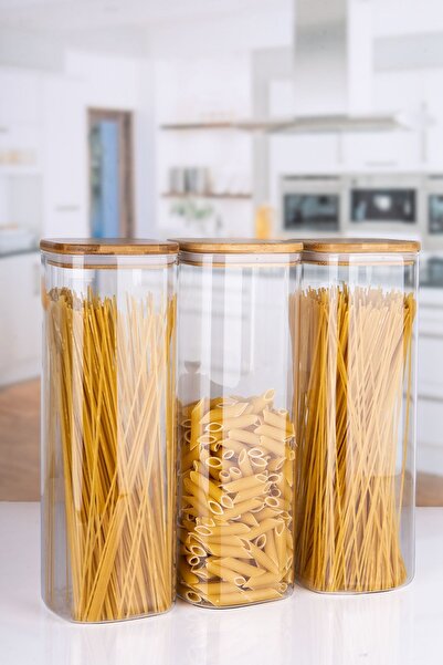 Lizzy 3 Lü Jumbo Boy Borosilikat Cam Bambu Vakum Kapaklı Makarna Erzak Kavanozu 2200 Ml