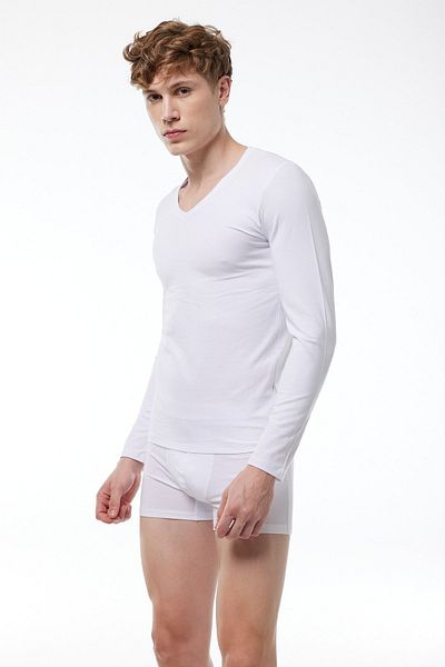 Malabadi Ανδρικό λευκό μακρυμάνικο Lycra Modal Body 059 με λαιμόκοψη V