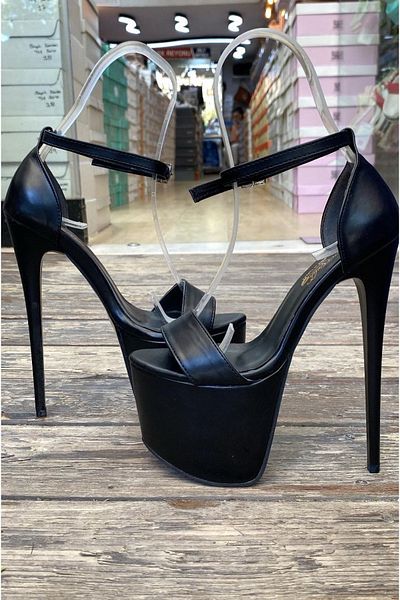 Afilli Black Single Strap Thin High HeelPlatformSandals - Thick Sole