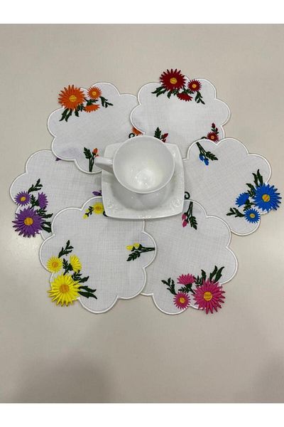 İNCİ ÇEYİZ 6 Different Colors Linen Fabric Sun Flower Patterned Embroidered Coffee Side Cocktail Napkin & Coaster