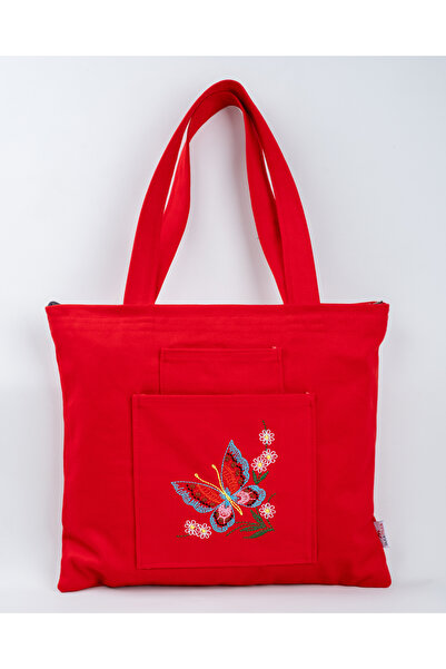 Wings Of Simurg Butikmutik-kelebek Nakış Işlemeli Fermuarlı Kırmızı Kanvas Be...