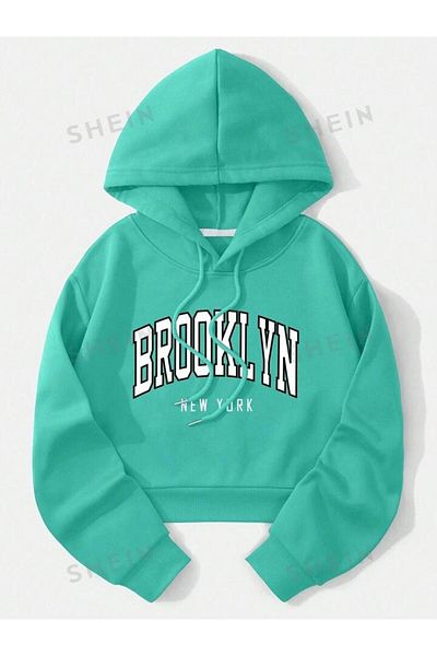 Keywest Hanorac crop cu glugă supradimensionat pentru copii cu imprimeu Brooklyn