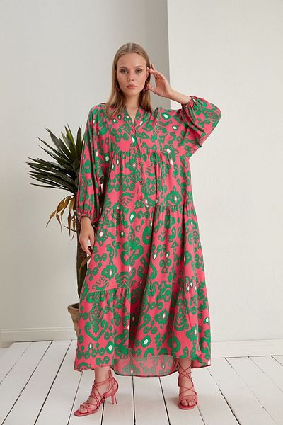 ZF BUTİK MADDEN COLLAR BUTTONED PATTERN DRESS OVERSIZED
