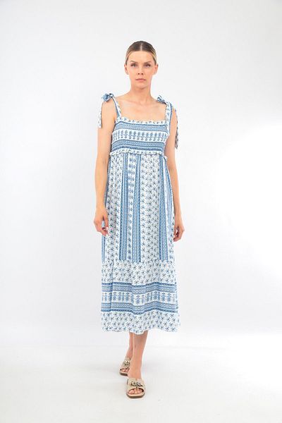 soBasic Rochie din viscoză cu imprimeu albastru-alb cu bretele reglabile