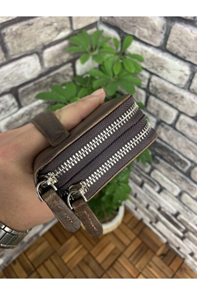 GUARD Çift Fermuarlı Crazy Kahve Deri El Çantası