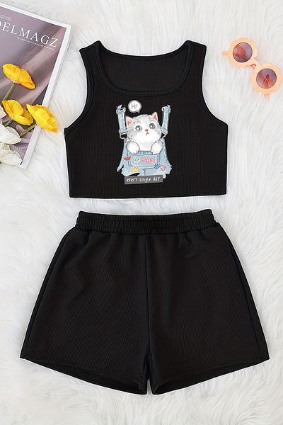MYADA Hello Cat Printed Crop Shorts and Top Set