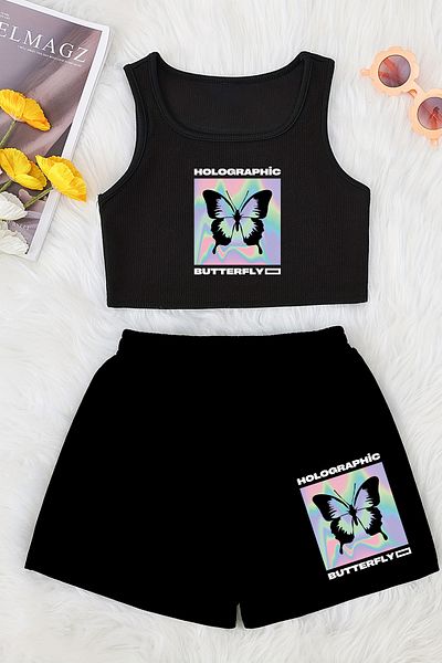 MYADA Butterfly Patterned Crop Shorts and Top Set