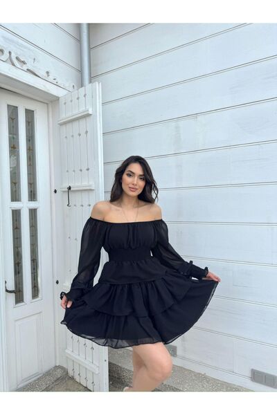 Sindimoda Kat Kat Volanlı Şifon Elbise 2831 Siyah