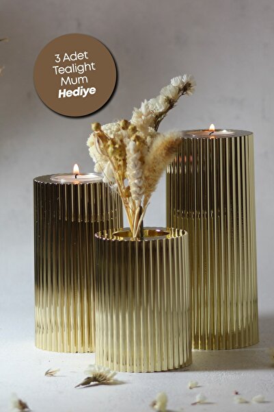 PRİME HOME 3 Lü Gold Krom Tırtıklı Yüzey Mumluk Dekoratif  Tealight Set Mum Abs Plastik Altın
