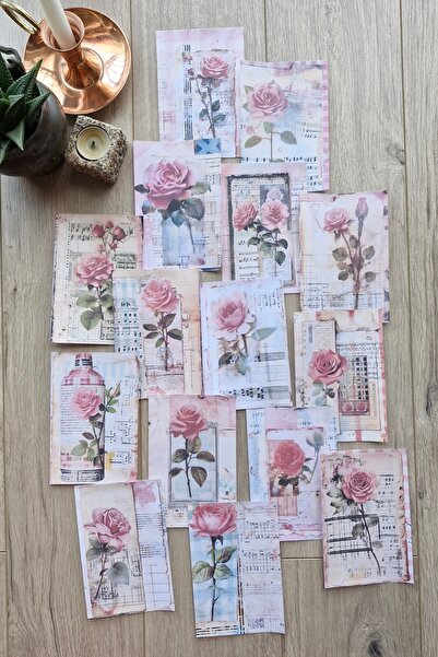 Mona Craftist مجموعة من 15 ورقة قصاصات ذات طابع وردي عتيق - مجلة رصاصة