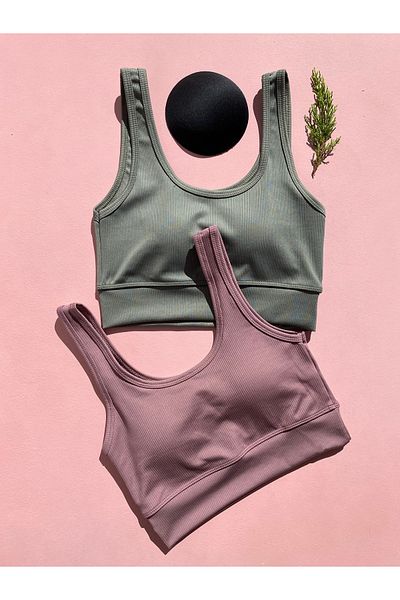 LEYNA BUTİK Women's 2 Pieces Corded Fabric Thick Strap Blouse with Removable Pads - Half Tank Top (GREEN-DAMSON)