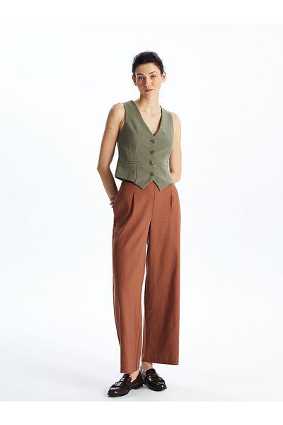 LC Waikiki LCWAIKIKI Classic Women - Pantaloni uni cu talie elastică în amestec de in