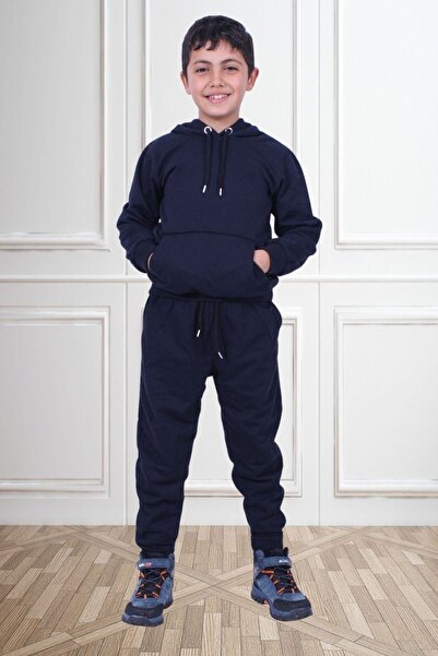 FYK COLLECTİON Комплект спортивної білизни з капюшоном та кишенями з кенгуру для хлопчика Duz темно-синій