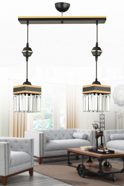 Kraliçe Black Pendant Lamp with 2 Crystal Stones - Square Luxury Chandelier with Yellow Stripe