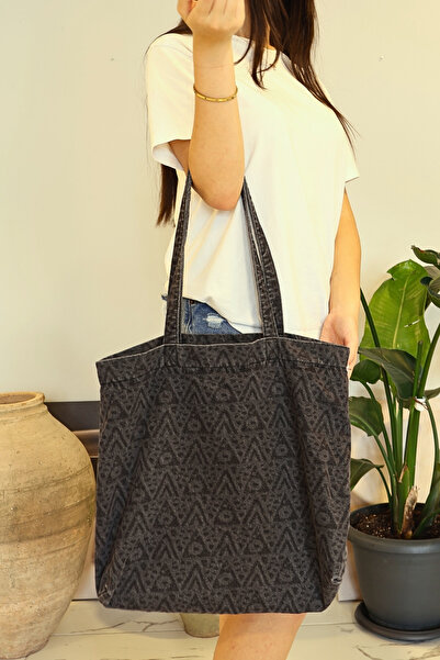 ICONE BAG Desenli Yıkamalı Denim Kadın Çantası, Geniş Hacimli, Desenli El ve Omuz Bez Çanta Shopper