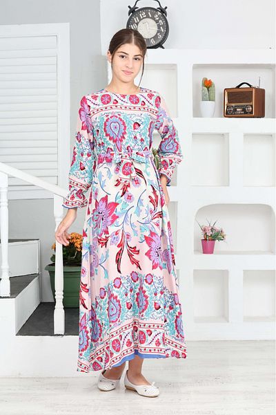 Asortix Fata - 100% bumbac vascoza, imprimeu, rochie lunga potrivita pentru hijab