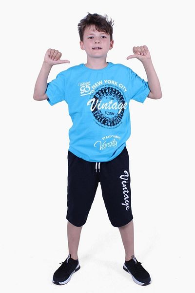 FYK COLLECTİON Vintage 95 Summer Printed Boy's Summer Bottom-Top Turquoise Suit