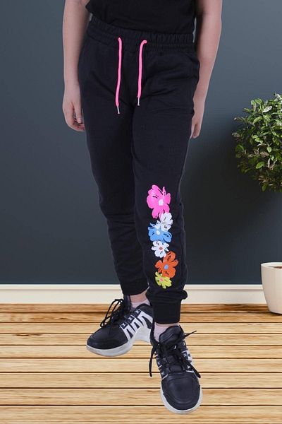 FYK COLLECTİON Pantaloni de sport negri pentru fete cu imprimeu floral, cu buzunare duble, cu detaliu elastic în talie