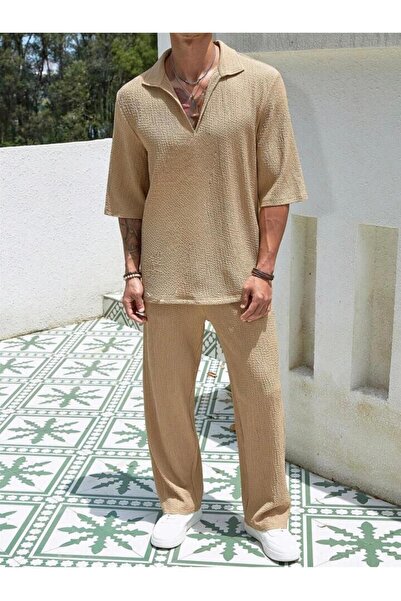 NO 601 Men's Beige Apaj Collar T-Shirt and Trousers Set