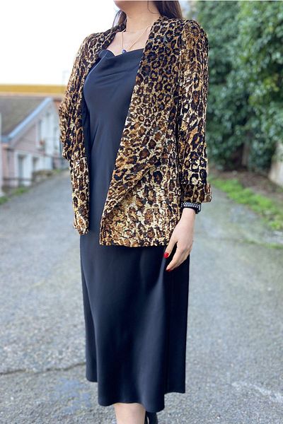 Samsara Women's Black Leopard Print Midi Satin Dress with Jacket