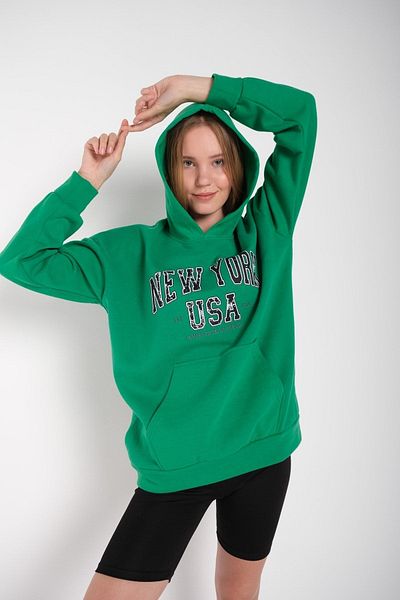 MODAGEN Hanorac oversize cu glugă cu imprimeu verde New York SUA pentru femei