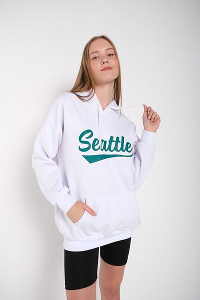 MODAGEN Γυναικείο φούτερ σε λευκό Seattle με στάμπα με κουκούλα oversize