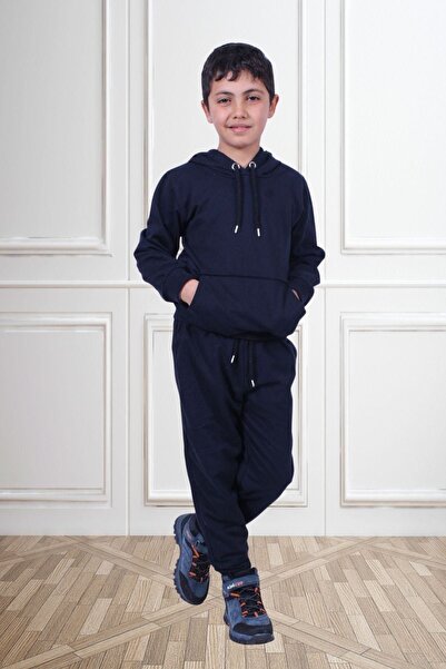 FYK COLLECTİON Комплект спортивної білизни з капюшоном та кишенями з кенгуру для хлопчика Duz темно-синій