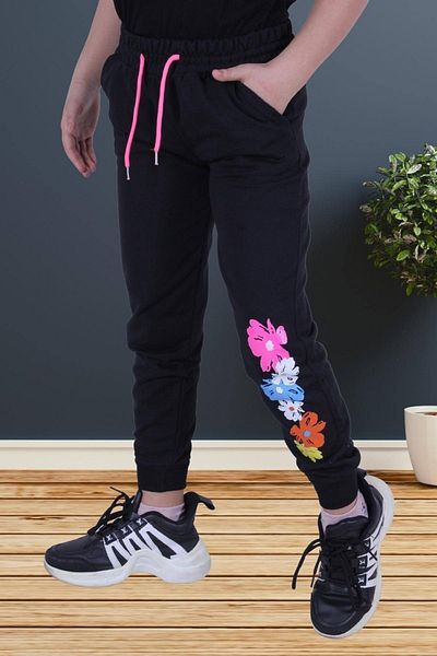 FYK COLLECTİON Pantaloni de sport negri pentru fete cu imprimeu floral, cu buzunare duble, cu detaliu elastic în talie