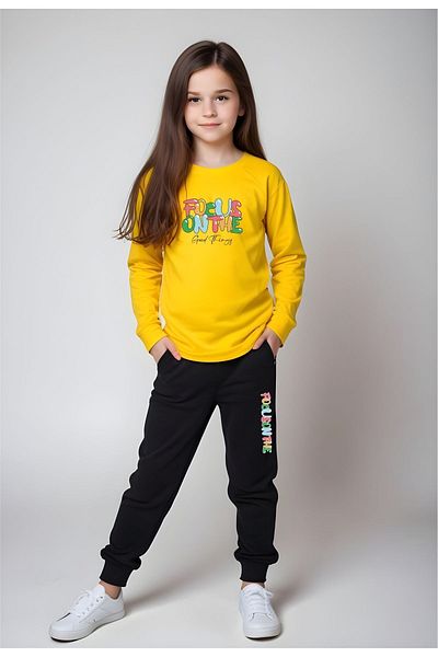 FYK COLLECTİON Girl's Focus Text Printed Bottom and Top Set
