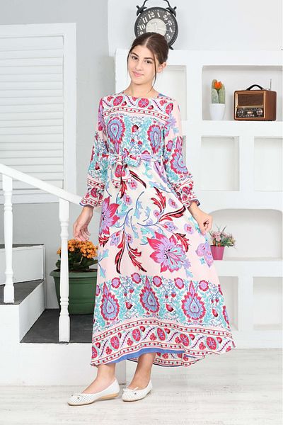 Asortix Fata - 100% bumbac vascoza, imprimeu, rochie lunga potrivita pentru hijab