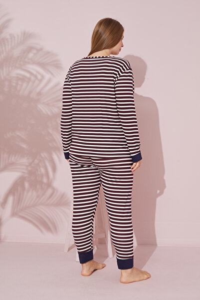 Siyah İnci Plus Size Striped Cotton Curve Pajamas Set - 24240715