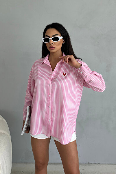 Ortaya Çık Striped Pink Heart Patterned Basic Shirt