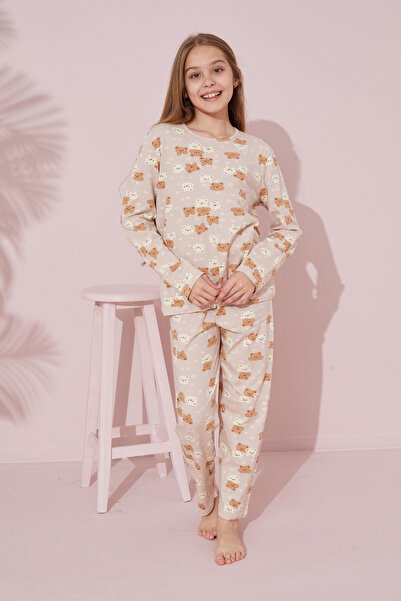 Siyah İnci Beige Teddy Bear Patterned Cotton Knitted Pajamas Suit 24241098