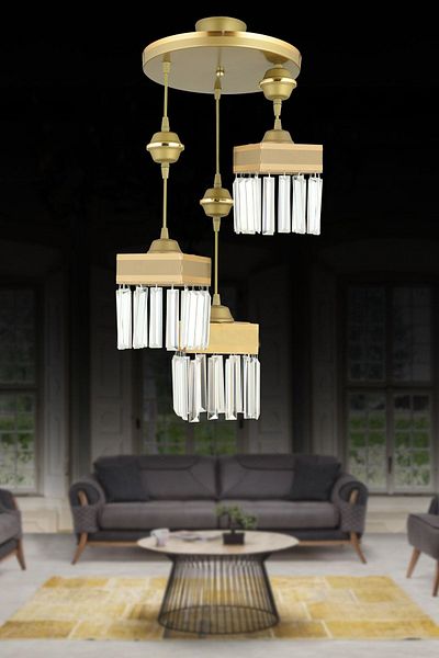 Kraliçe Antique Pendant Lamp Tray with 3 Crystal Stones and Yellow Stripe - Square Luxury Chandelier