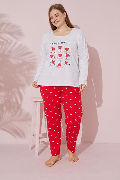 Siyah İnci Large Size Gray Printed Cotton Knitted Pajamas Set - King Size 24240702