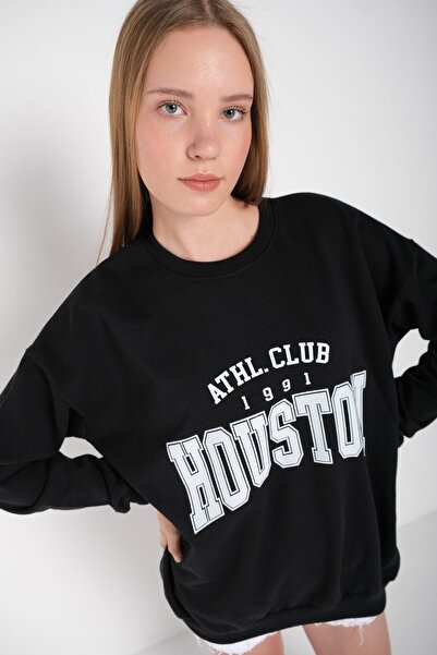 MODAGEN Dámská černá mikina Houston s potiskem Crew Neck Oversize