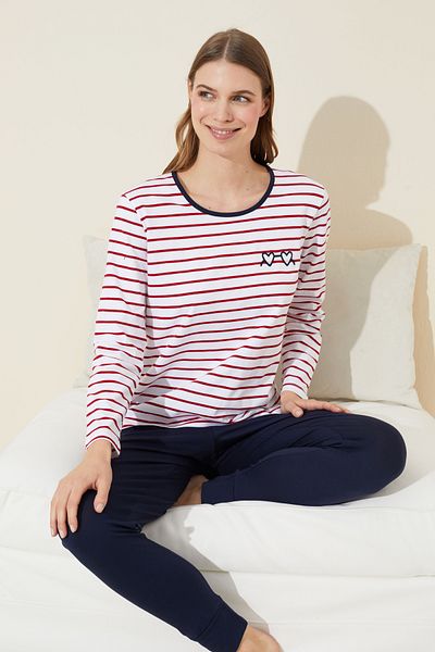 Siyah İnci Embroidered Red and White Striped Cotton Pajamas Set - 24240133