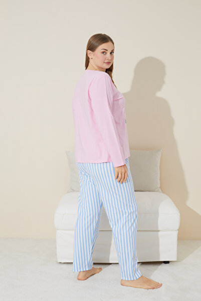 Siyah İnci Plus Size Curve Pajama Set - Cotton, Pink Printed, Oversize 24240670