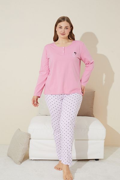 Siyah İnci Ροζ Κεντημένο με Κουμπιά Βαμβακερό Curve Plus Size Oversize Πλεκτό Σετ Πιτζάμες 24240636