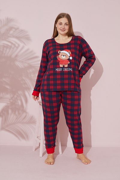 Siyah İnci Plus Size Red Curve Cotton Pajama Set - 24240723