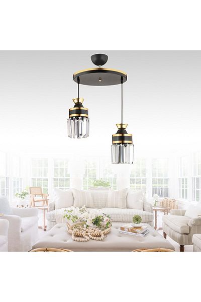 Kraliçe Nairobi - 2-Piece Black Pendant Lamp with Stones and Yellow Strip Cylinder Luxury Chandelier Set