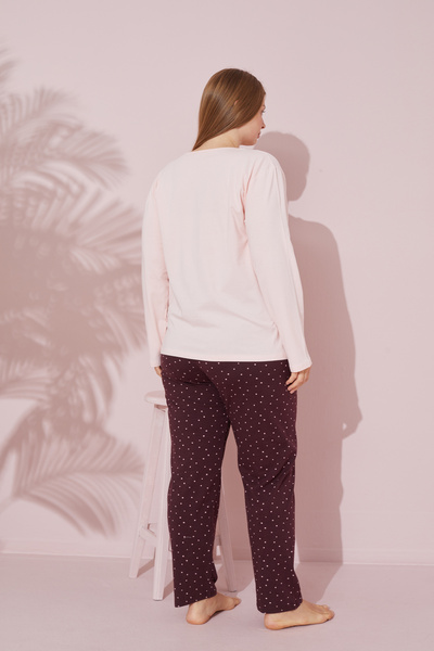 Siyah İnci somon baskılı Pamuklu Curve Büyük Beden Battal Boy Örme Pijama Takım 24240698